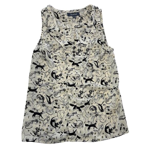 ModCloth Shirt Womens XS Ivory Black Cat Print Sleeveless V Neck Blouse Top - Picture 1 of 6